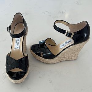 Jimmy Choo Pallis Patent Leather Woven Jute Platform Sandals Wedges Heels 38